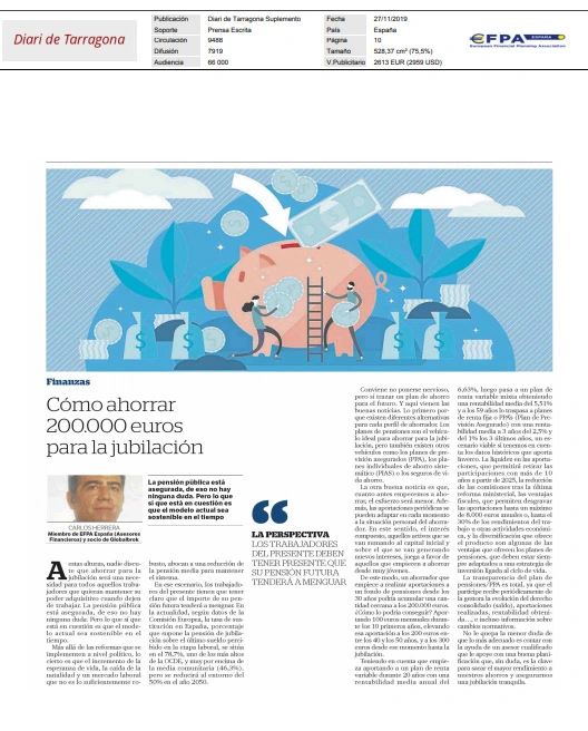 «Cómo ahorrar 200.000€ para la jubilación» colaboración de Globalbrok con el diario Tarragona