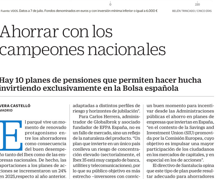 Ahorrar para la jubilación: Carlos Herrera, de Globalbrok, participa como voz experta en Cinco Días